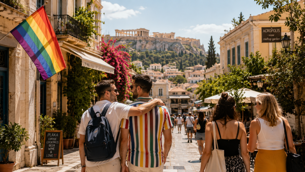 Deux couples LGBTQIA+ se promènent dans les ruelles historiques d'Athènes avec l'Acropole en arrière-plan, illustrant un séjour touristique inclusif au cœur de la capitale grecque.
