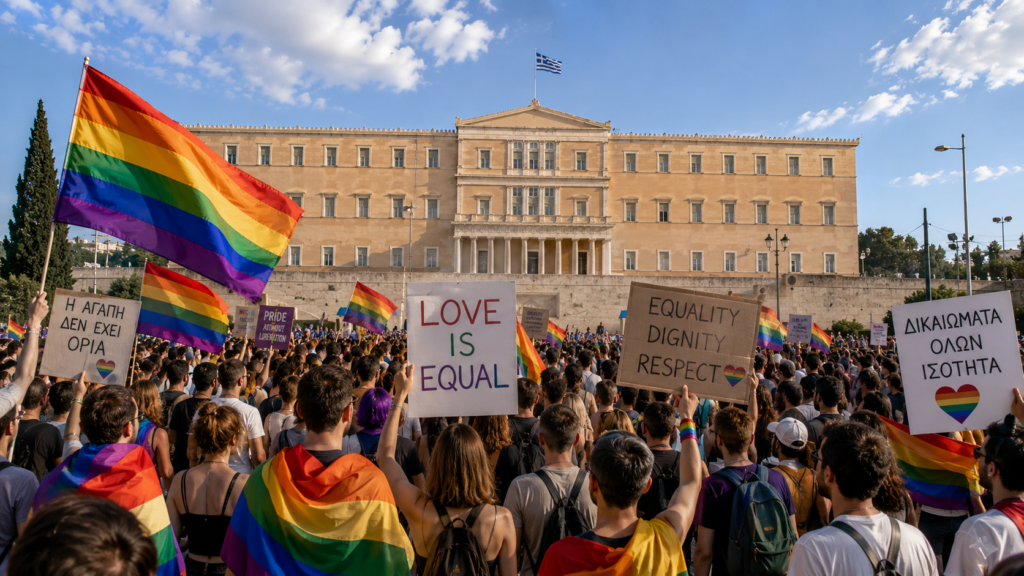 Participants à une marche des fiertés devant le Parlement grec sur la place Syntagma à Athènes, brandissant des drapeaux arc-en-ciel pour soutenir les droits et l'égalité des personnes LGBTQIA+ en Grèce.