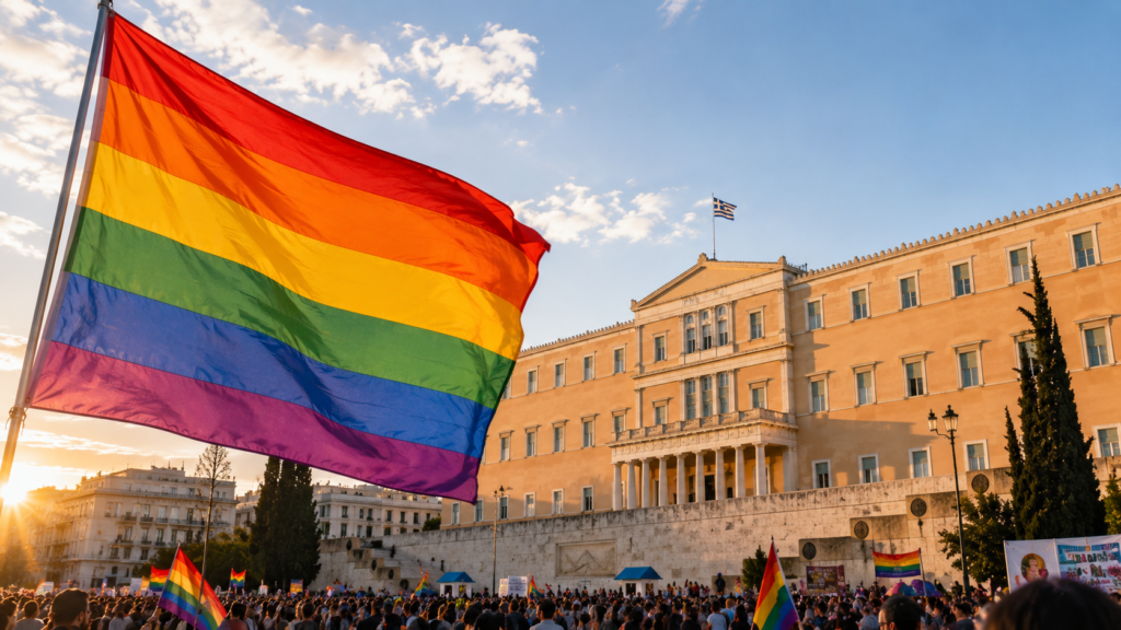 Drapeau arc-en-ciel flottant devant le Parlement grec sur la place Syntagma à Athènes, symbole des avancées des droits LGBTQIA+ et de l'évolution du tourisme inclusif en Grèce.